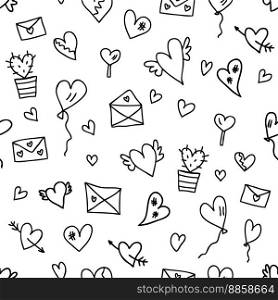 Hand drawn valentine seamless pattern for wrapping paper, background, fabric. Retro style abstract print. Doodle vector illustration.
