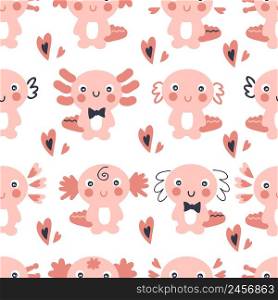Hand drawn valentine seamless pattern with axolotls and hearts. Perfect for T-shirt, textile and prints. Cartoon style vector illustration for decor and design.