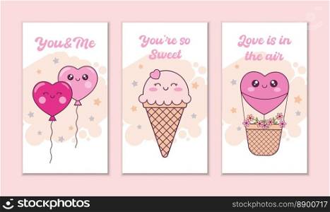 Hand drawn Valentines day social media stories set. Vertical banners with cute kawaii characters in cartoon style. Love, romantic concept.