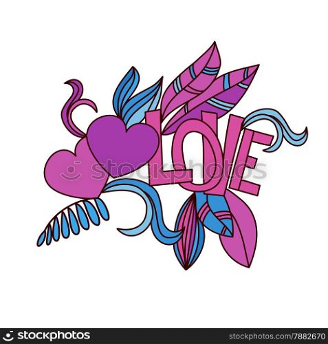 Hand drawn valentines doodle card design. Heart and Love word with floral elements. Vector illustration for design of gift packs, wrap, greeting cards, wallpaper, web sites and other.