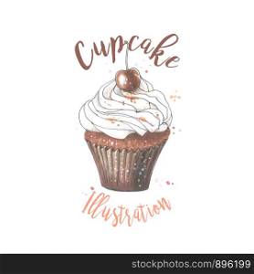 Hand drawn vanilla cupcake with cherry on top, vintage colorful food sketches, isolated on white background. Vector illustration.