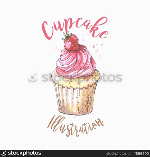 Hand drawn vanilla cupcake with cherry on top, vintage colorful food sketches, isolated on white background. Vector illustration.. Hand drawn vanilla cupcake with strawberry on top, vintage colorful food sketches, isolated on white background. Vector illustration.