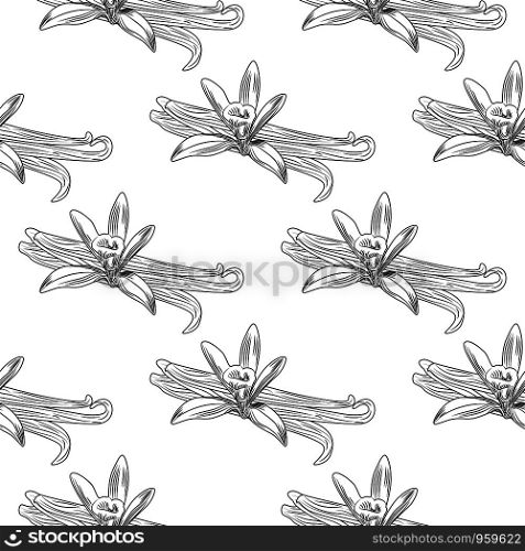 Hand drawn vanilla flower seed plant branch leaf seamless pattern. Engraving style. Design for fabric, textile print, wrapping paper. Vector illustration. Hand drawn vanilla flower seed plant branch leaf seamless pattern.