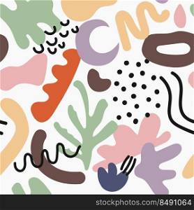 Hand drawn Various colorful shapes and doodle objects. Different figures. Abstract contemporary modern trendy vector illustration. Seamless pattern. Background, wallpaper, Wrapping, textile template