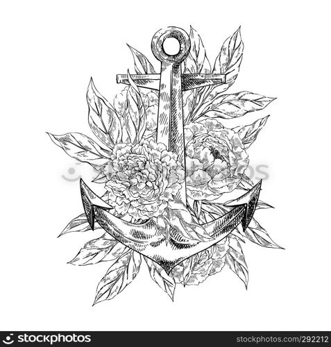 Hand drawn  vector Anchor with flowers peones decoration in vintage style. Black ink sketch. Great for tattoo, invitations, greeting cards