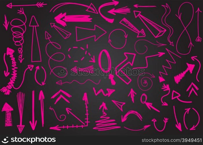 Hand drawn vector arrow collection. Bright pink scetched arrows on black chalk board background. Hand drawn vector arrow collection. Bright pink scetched arrows on black chalk board background.