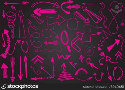 Hand drawn vector arrow collection. Bright pink scetched arrows on black chalk board background. Hand drawn vector arrow collection. Bright pink scetched arrows on black chalk board background.