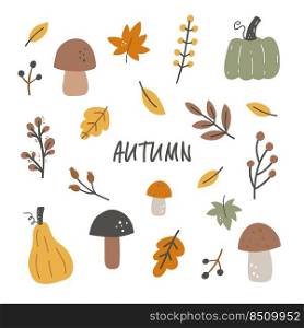 Hand drawn vector autumn leaves, mushrooms, berries and more. Seasonal fall harvest. Colored flat vector illustration isolated on white background.. Hand drawn vector autumn leaves, mushrooms, berries and more. Seasonal fall harvest. Colored flat vector illustration isolated on white background