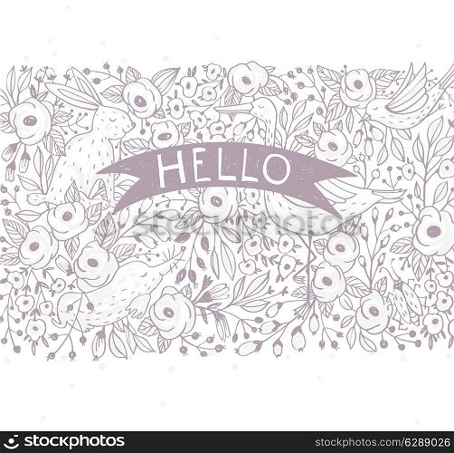 hand drawn vector background with roses and animals