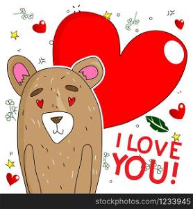 Hand drawn vector bear in love. Doodle greeting card for Valentine's day.