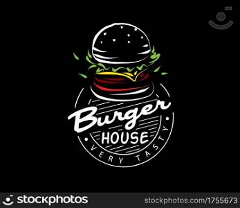 Hand drawn vector burger logo on black background.. Hand drawn vector burger logo on black background