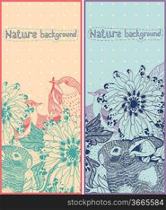 hand drawn vector cards with flowers,birds and animals