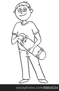 Hand drawn vector cartoon illustration of boy holding a skateboard.