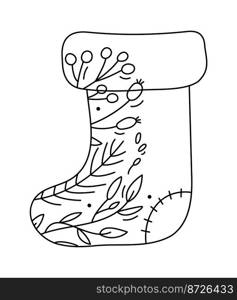 Hand drawn vector Christmas line sock with line berries, branches texture. Xmas advent icon outline illustration for greeting card baby, web design, invitation.. Hand drawn vector Christmas line sock with line berries, branches texture. Xmas advent icon outline illustration for greeting card baby, web design, invitation