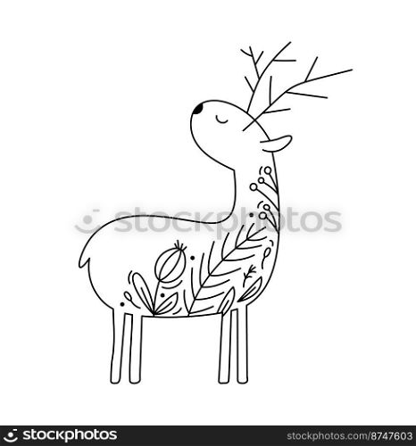Hand drawn vector Christmas line winter deer with line berries, branches texture. Xmas advent icon outline illustration for greeting card baby, web design, invitation.. Hand drawn vector Christmas line winter deer with line berries, branches texture. Xmas advent icon outline illustration for greeting card baby, web design, invitation