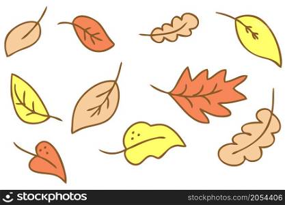 Hand drawn vector collection of autumn falling leaves. Doodle style illustration for decor and design.