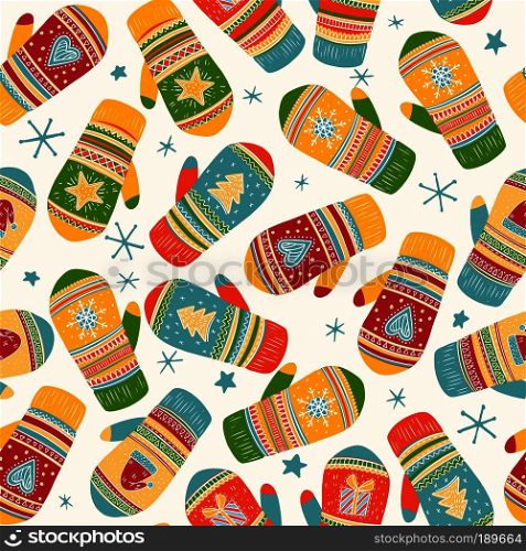Hand drawn vector colorful Christmas and New Year seamless pattern of knitted mittens