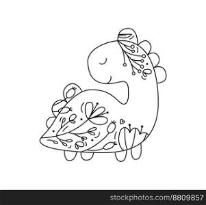 Hand drawn vector cute baby dino with line berries, branches, flower texture. Icon outline illustration for greeting card baby, web design, invitation.. Hand drawn vector cute baby dino with line berries, branches, flower texture. Icon outline illustration for greeting card baby, web design, invitation