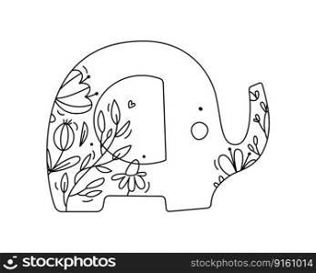 Hand drawn vector cute baby elephant with line berries, branches, flower texture. Icon outline illustration for greeting card baby, web design, invitation.. Hand drawn vector cute baby elephant with line berries, branches, flower texture. Icon outline illustration for greeting card baby, web design, invitation