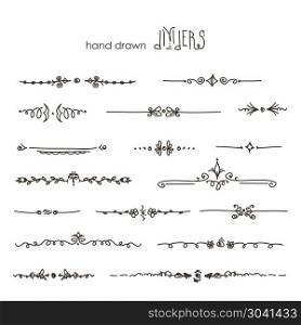 Hand drawn vector dividers, line border set and design element. Hand drawn vector dividers, line border set and design element, vector on white background. Hand drawn vector dividers, line border set and design element