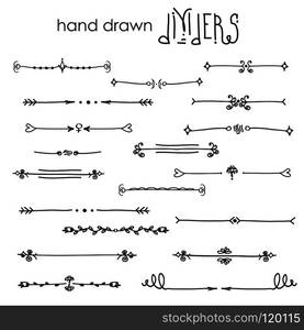 Hand drawn vector dividers, line border set and design element, vector on white background. Hand drawn vector dividers, line border set and design element