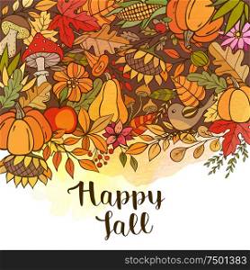 Hand drawn vector doodle autumn background with pumpkins, leaves and mushrooms