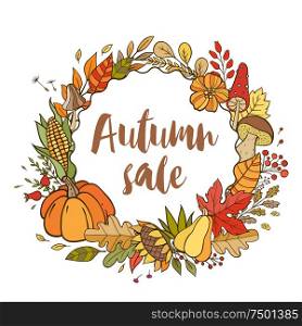 Hand drawn vector doodle autumn banner for seasonal sale. Autumn background with pumpkins, leaves and forest mushrooms.