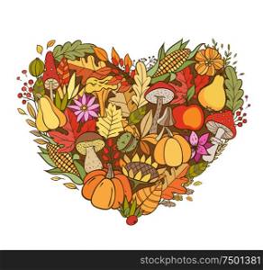 Hand drawn vector doodle heart shaped autumn background. Seasonal fall banner with pumpkins, leaves and ripe fruits.