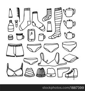 hand drawn vector doodle set. Underwear (socks, sconces), hats, shoes, kettle, mug, toothbrush, toothpaste, comb, detergent, brush, balm/cream, telephone. Items for getting ready for work / school
