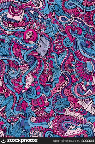 Hand drawn vector doodles seamless pattern with female fashion things