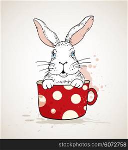 Hand drawn vector Easter card with white rabbit in a red cup