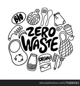 Hand drawn vector elements (bag, rubber toothbrush, wooden cutting board) of zero waste. Eco style. No plastic.