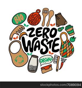 Hand drawn vector elements (bag, rubber toothbrush, wooden cutting board) of zero waste. Eco style. No plastic.