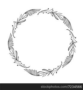 Hand drawn vector frame. Floral wreath with leaves for wedding and holiday. Decorative elements for design. Isolated.. Hand drawn vector frame. Floral wreath with leaves for wedding and holiday. Decorative elements for design. Isolated