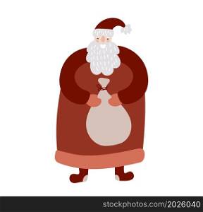 Hand drawn vector fun Santa Claus with bag in his hands with many surprise gifts Merry Christmas time. Baby Scandinavian Illustration greeting card modern typography isolated.. Hand drawn vector fun Santa Claus with bag in his hands with many surprise gifts Merry Christmas time. Baby Scandinavian Illustration greeting card modern typography isolated