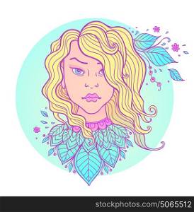 Hand drawn vector girl with long hair and leaves on a blue background