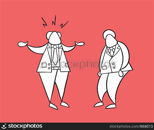 Hand-drawn vector illustration angry boss with businessman worker. White colored and black outlines, red background.
