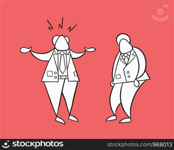 Hand-drawn vector illustration angry boss with businessman worker. White colored and black outlines, red background.