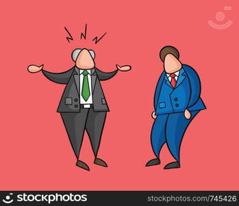 Hand-drawn vector illustration angry boss with businessman worker. Colored and black outlines, red background.