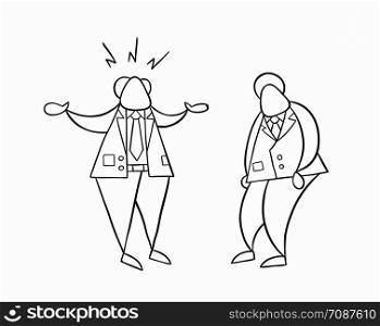 Hand-drawn vector illustration angry boss with businessman worker. White colored and black outlines.