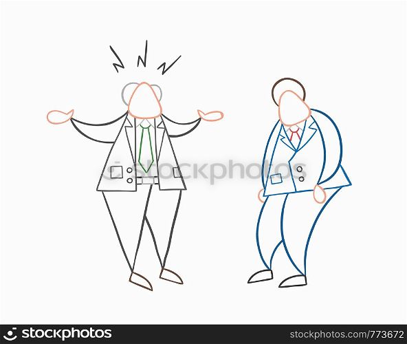 Hand-drawn vector illustration angry boss with businessman worker. White colored and colored outlines.