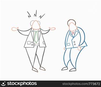 Hand-drawn vector illustration angry boss with businessman worker. White colored and colored outlines.