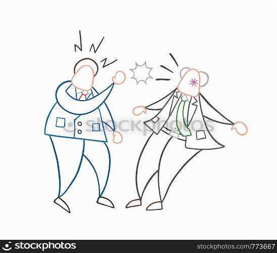 Hand-drawn vector illustration angry businessman worker punched his boss in the face. White colored and colored outlines.