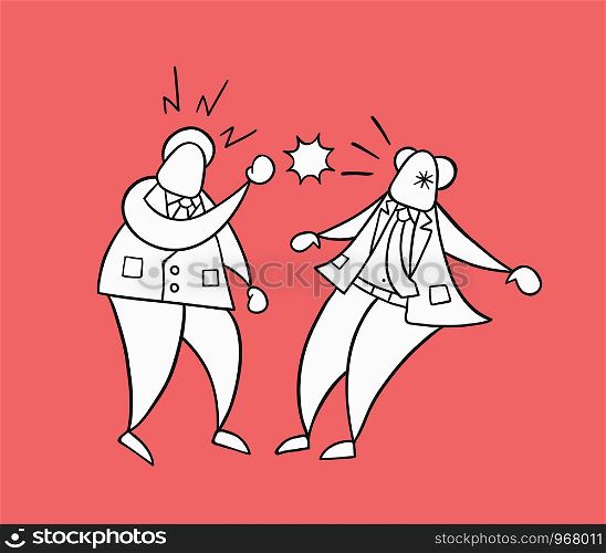 Hand-drawn vector illustration angry businessman worker punched his boss in the face. White colored and black outlines, red background.