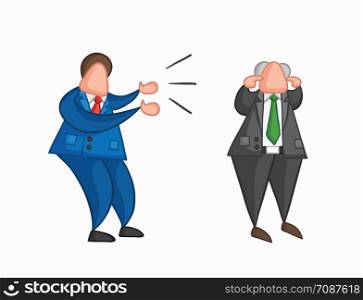 Hand-drawn vector illustration angry businessman worker yelling at boss and boss is closing his ears. Colored and colored outlines.