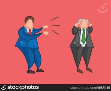 Hand-drawn vector illustration angry businessman worker yelling at boss and boss is closing his ears. Colored and colored outlines, red background.