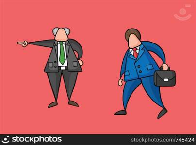 Hand-drawn vector illustration boss firing businessman worker. Colored and black outlines, red background.