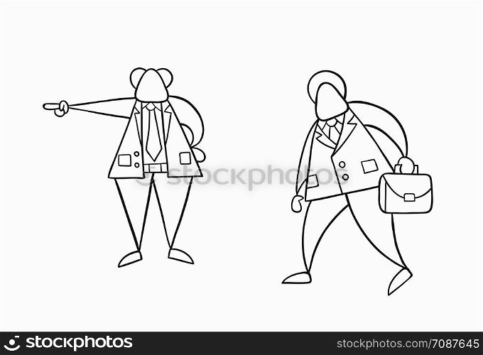 Hand-drawn vector illustration boss firing businessman worker. White colored and black outlines.