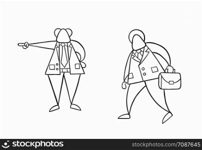 Hand-drawn vector illustration boss firing businessman worker. White colored and black outlines.