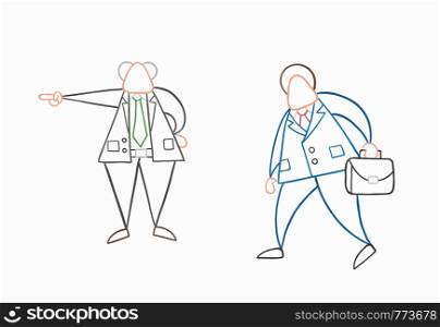 Hand-drawn vector illustration boss firing businessman worker. White colored and colored outlines.